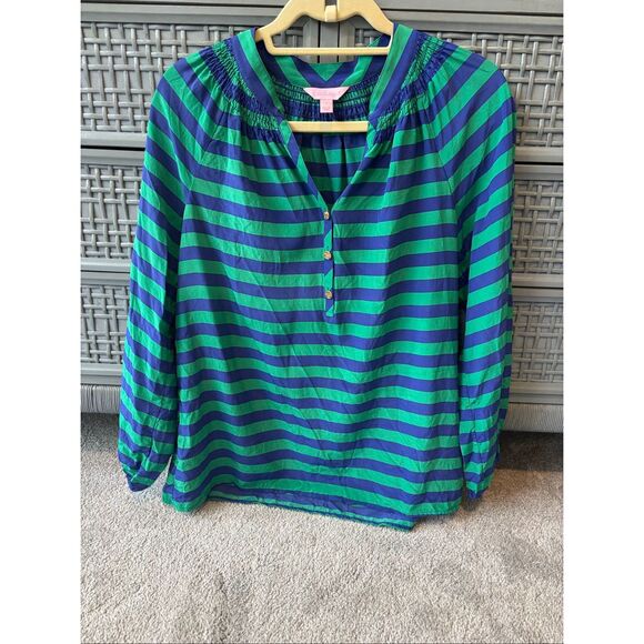 NWOT ⭐️Rare⭐️ Lilly Pulitzer Elsa 100% Silk blouse green/Blue Stripe, Sm $128 G4 - Picture 2 of 7